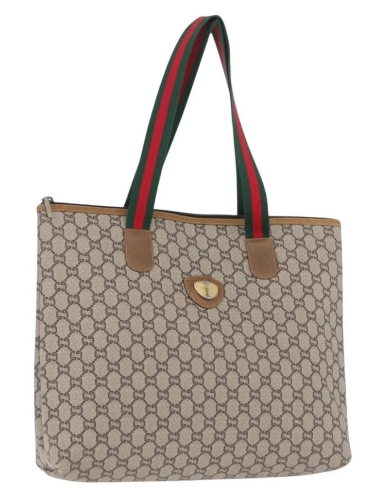 Gucci Gg Plus Supreme Web Sherry Line Tote Bag Pvc Beige Red Green Auth 173818